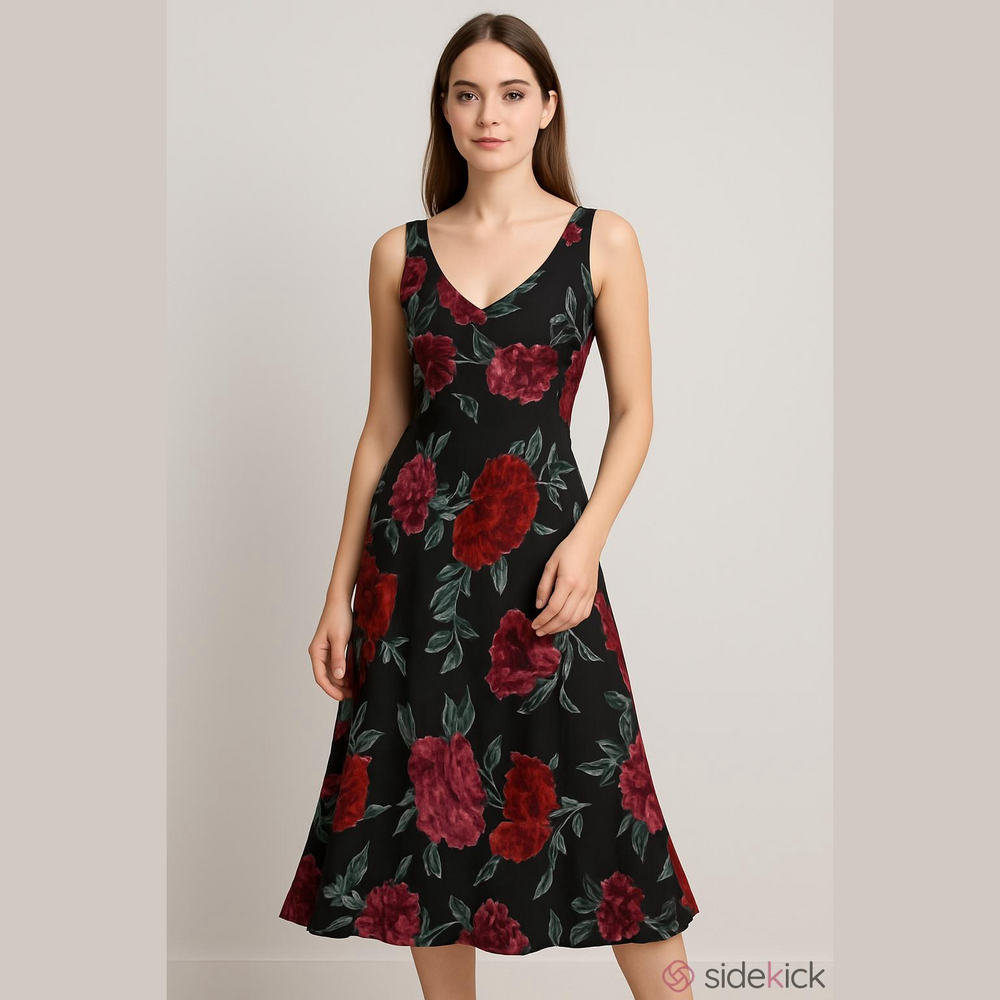 Mica Black Red Floral Velvet Midi Dress Size 8 Medium